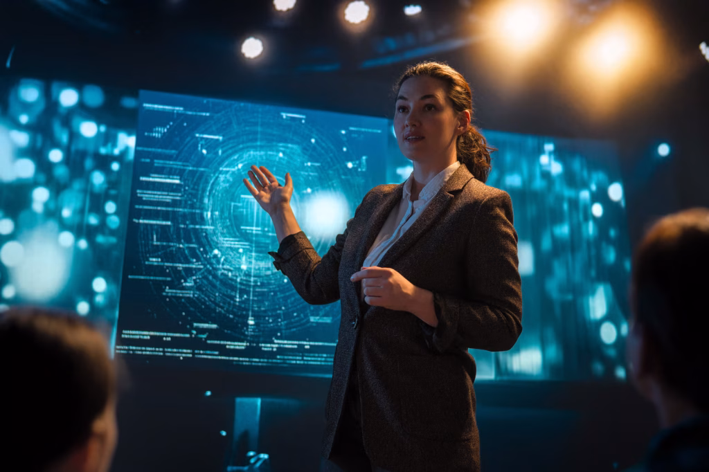 Business Presentation by Woman in Front of Audience