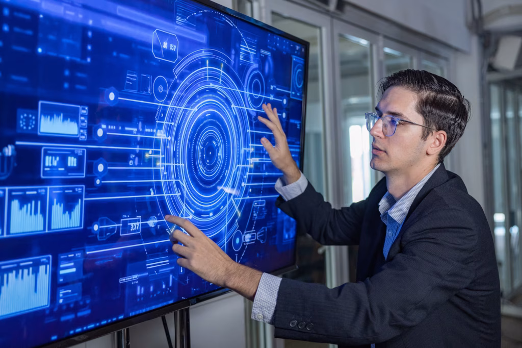 Man Interacting with Futuristic Technology Display Screen