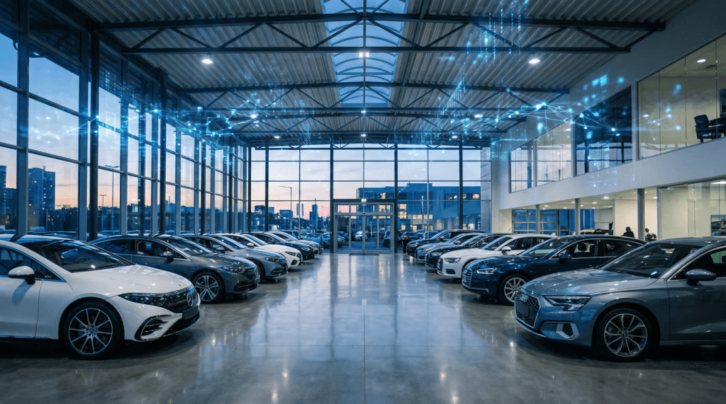 A car delearchip showroom floor with new vehicles protected by a monitored network Krove manages behind the scene