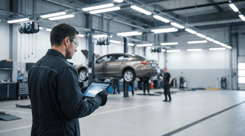 A service technician using a connected tablet in a dealership service bay with a vehicle on the lift