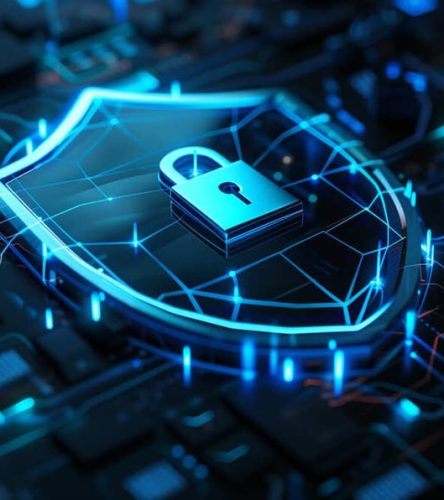 Cybersecurity representation with a shield and a lock